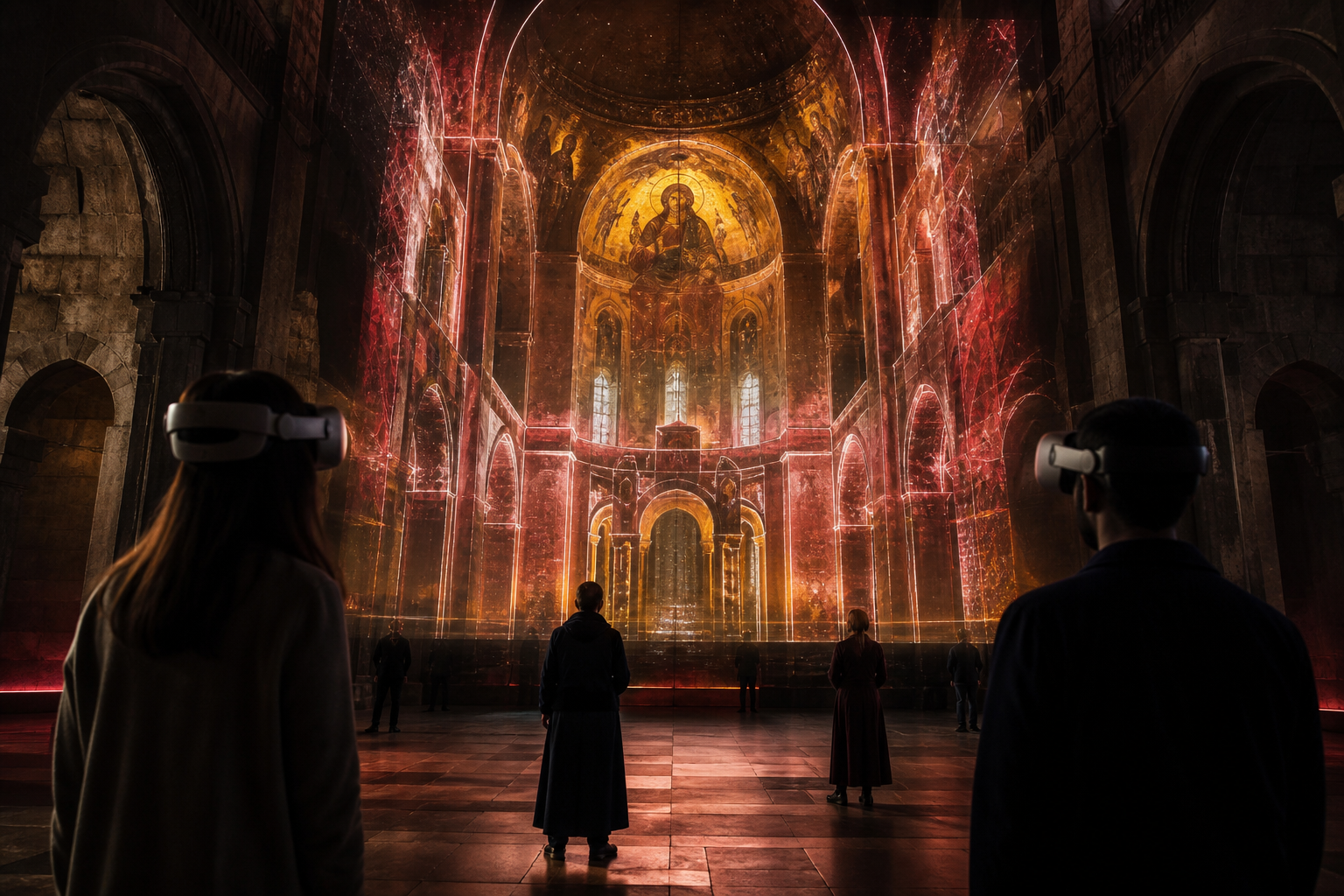 Visitors in a stone hall looking at a luminous monastery reconstruction