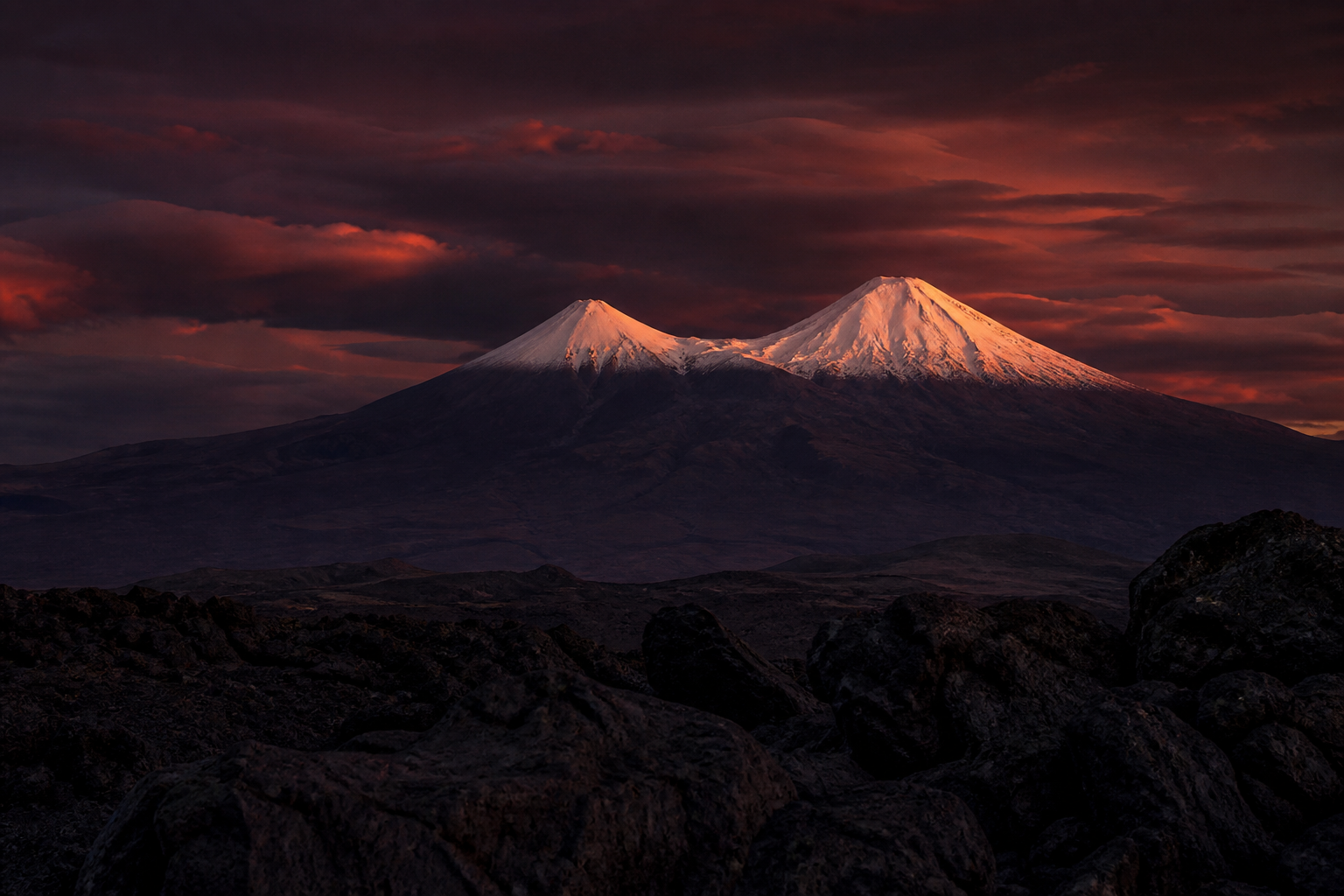 Twin peaks of Ararat at dusk from the Armenian highland