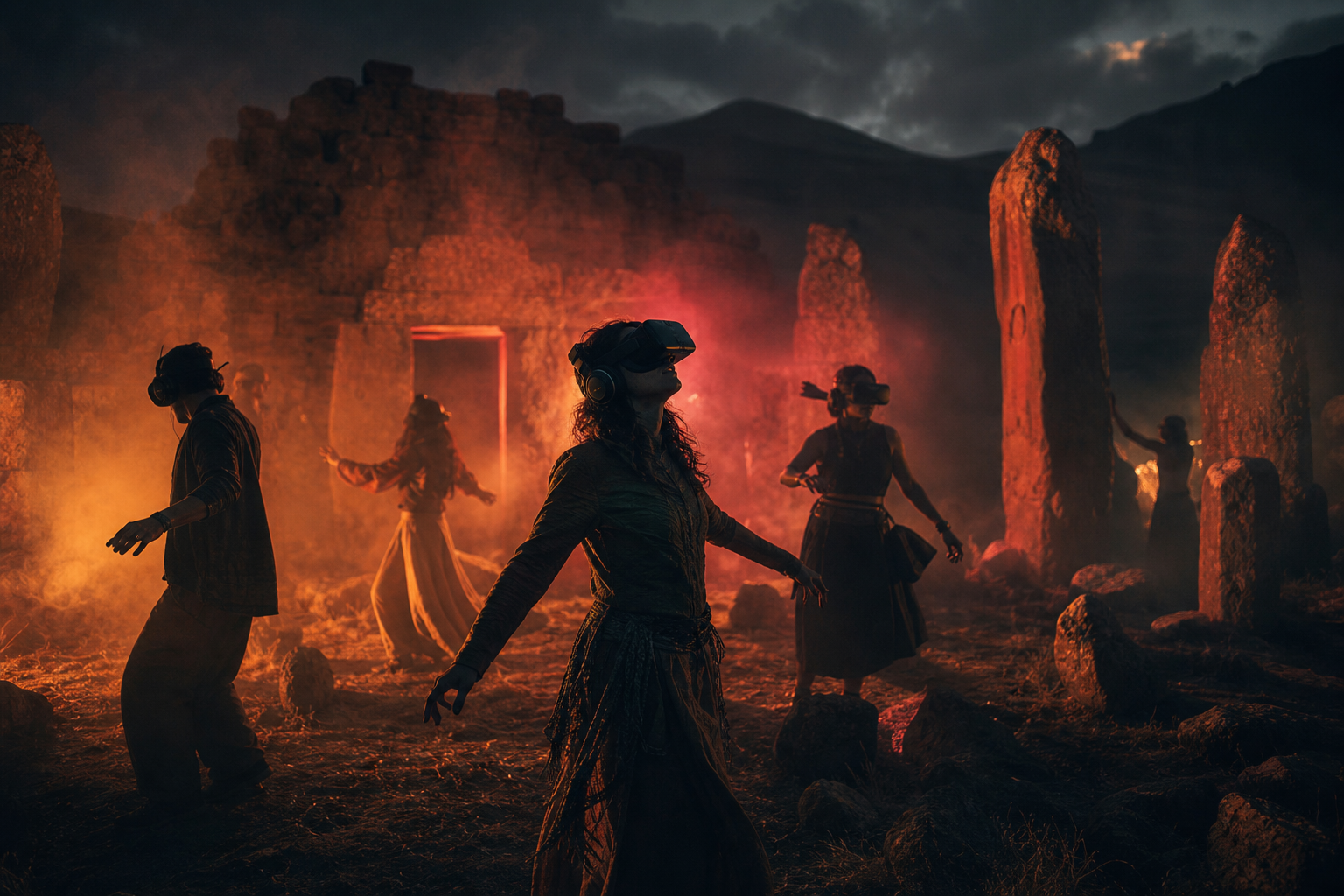 Night gathering among standing stones with mixed-reality headsets