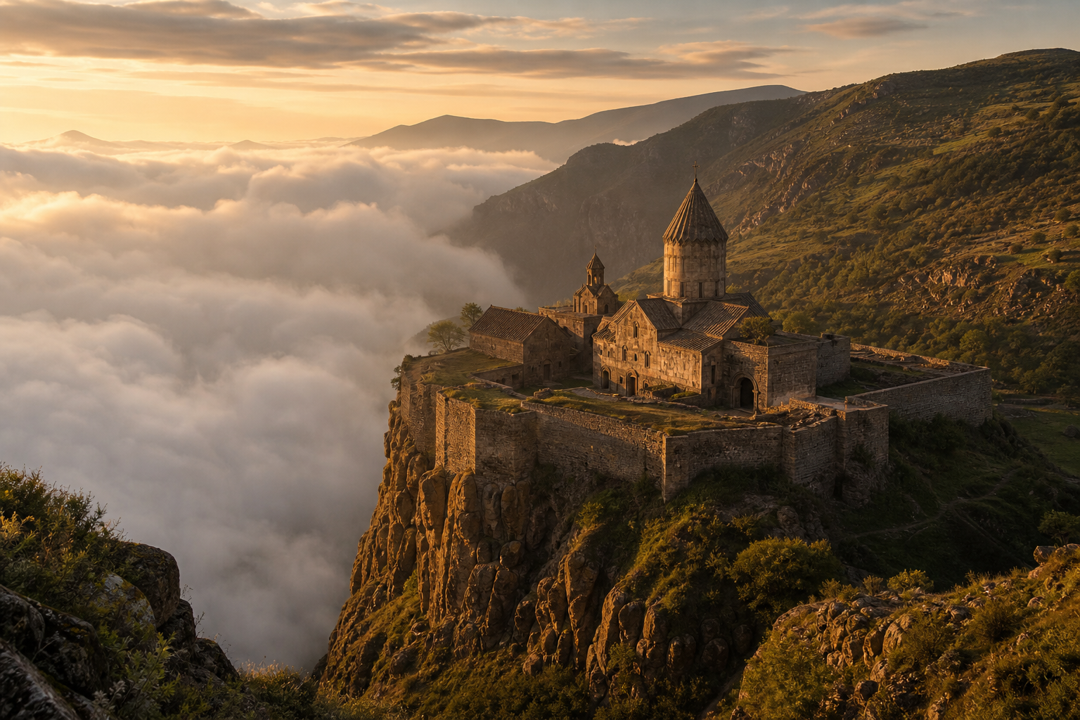Tatev monastery on a fog ridge